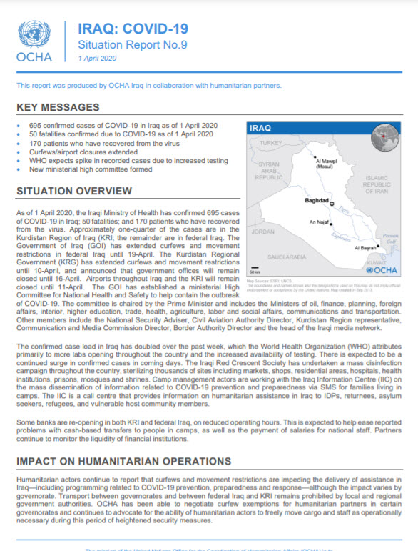 IRAQ: COVID 19 Situation Report No.9, 1 April 2020