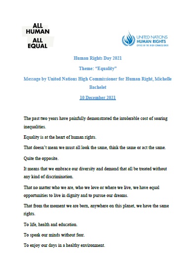 يوم حقوق الإنسان 2021 | بيان مصوّر لمفوّضة الأمم المتّحدة السامية لحقوق الإنسان ميشيل باشيليت