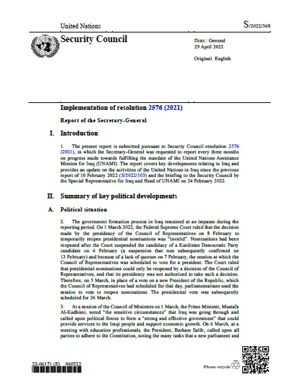  Report of the Secretary-General S/2022/368 | RSG 
