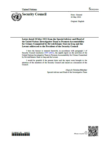 Letter dated 26 May 2022 from the Special Adviser and Head of the United Nations Investigative Team to Promote Accountability for Crimes Committed by Da’esh/Islamic State in Iraq and the Levant addressed to the President of the Security Council